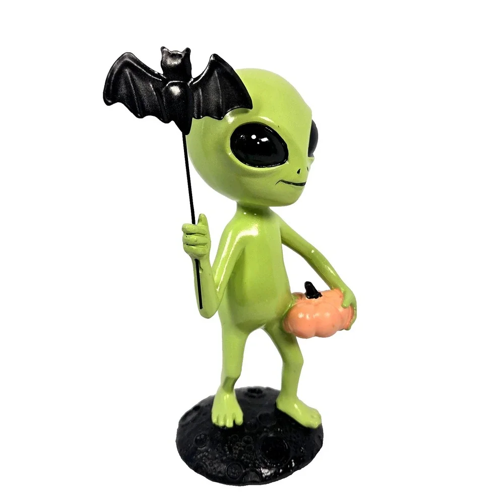 Green Alien Figurine Pumpkin Bat Lab No 10.31 Halloween Decor Spooky Cute